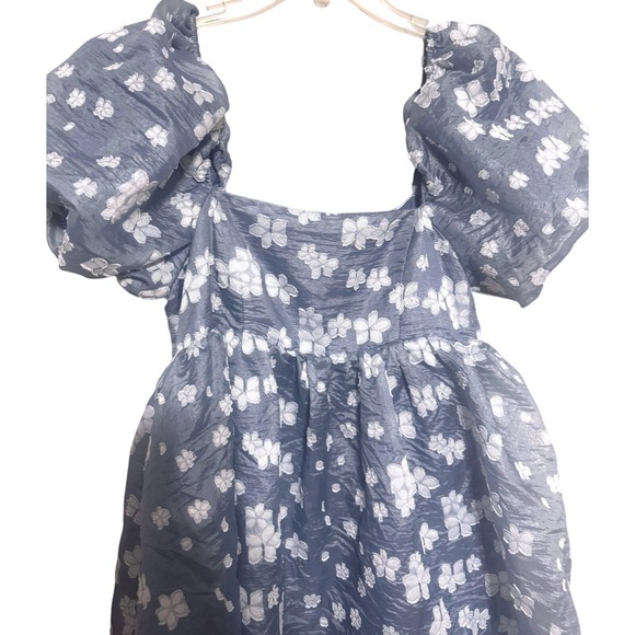 Storia Romantic Floral Babydoll Mini Dress Blue Puff Sleeve Cottage Medium - Picture 6 of 9